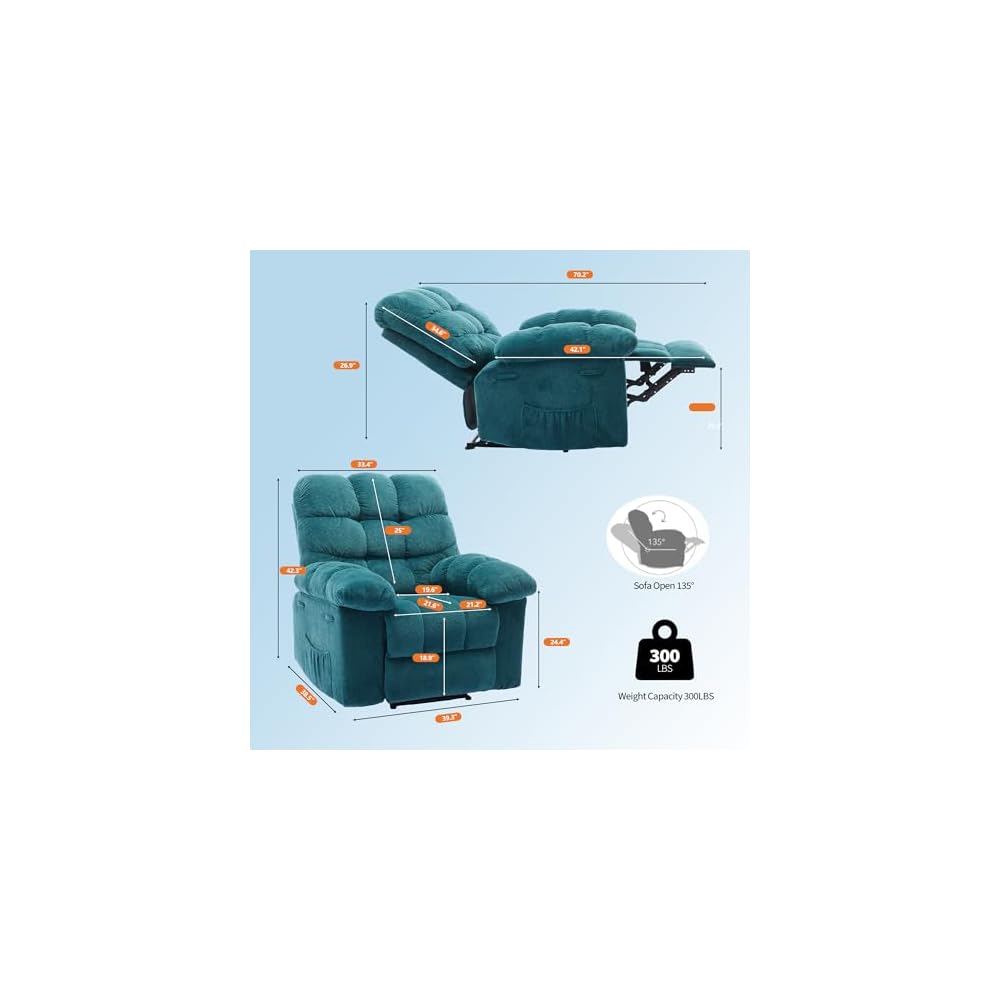 Garvee Manual Recliner Chair,Ergonomic Overstuffed Breathable Fabric Reclining Chair with Side Pockets,q235 Steel Frame Lazy Boy Recliner Single Sofa for Living Room Bedroom