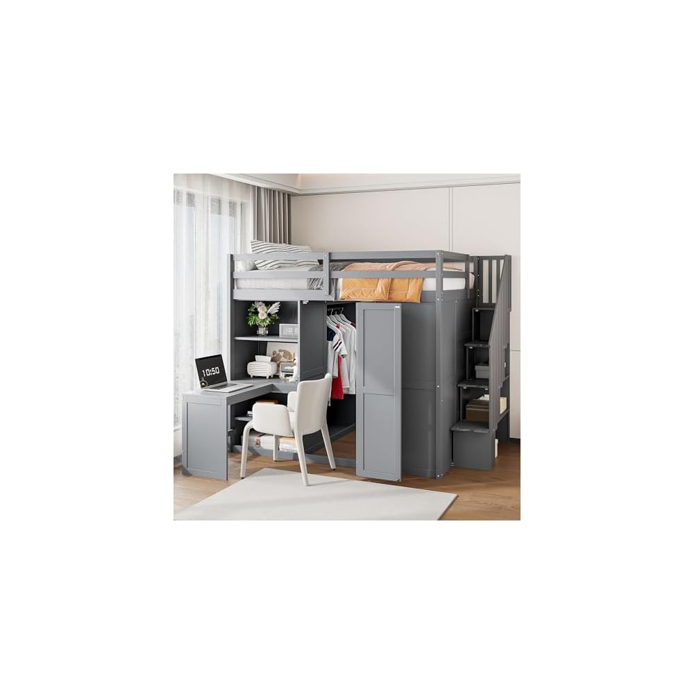Full Size Loft Bed with Storage Stairs, Desk and Wardrobe, Gray
