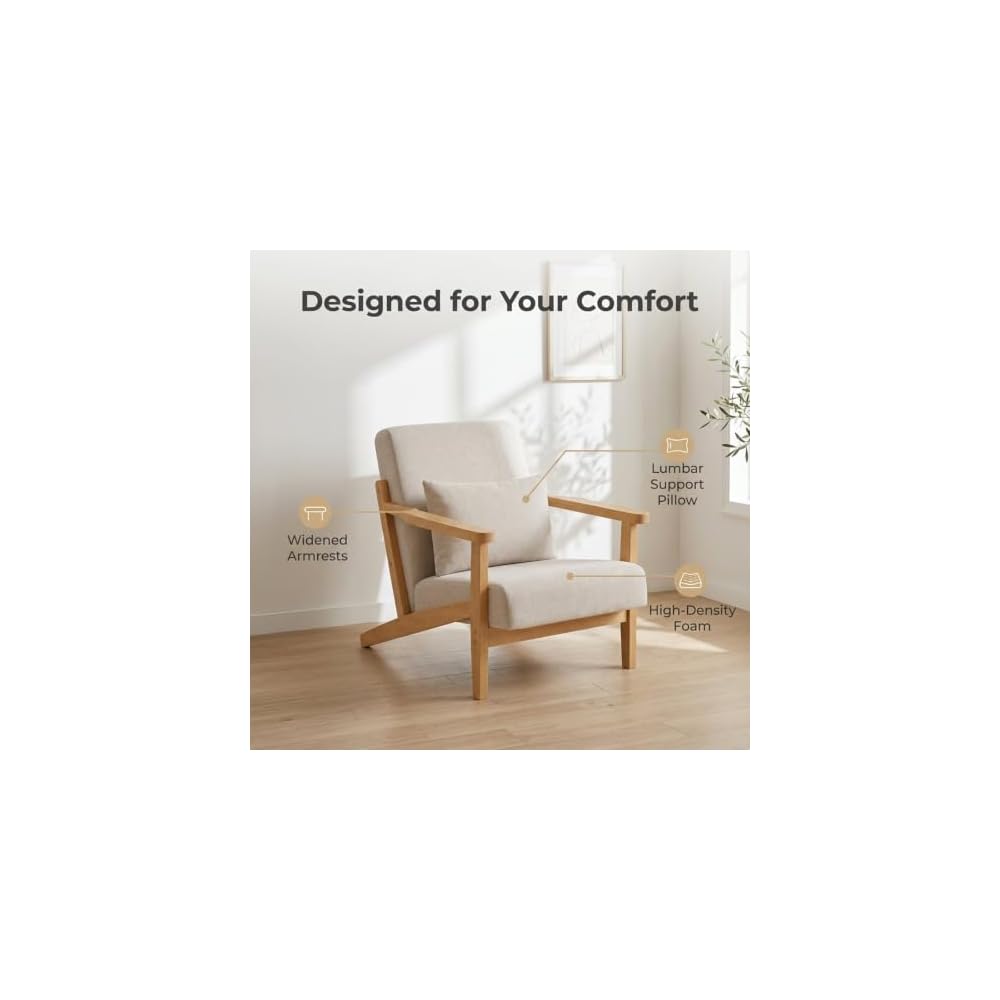 Mid-Century Accent Chair Wood Luxury Armchair Modern Reading Chairs Lumbar Support Pillow Sofachair Ergonomic Seating for Living Bedroom Bar Balcony Cafe Tea Room & Hotel Stylish Wingback Beanbag