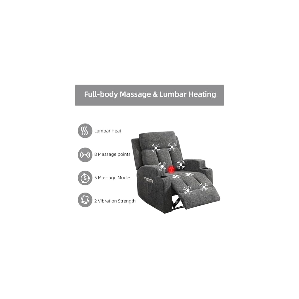 CANMOV Manual Recliner Sofa Set, Fabric Recliner Living Room Furniture Sets, 1 Seat Reclining Chair and a 3 Seat Sofa Furniture Set with Side Pockets and Cup Holders, Dark Grey