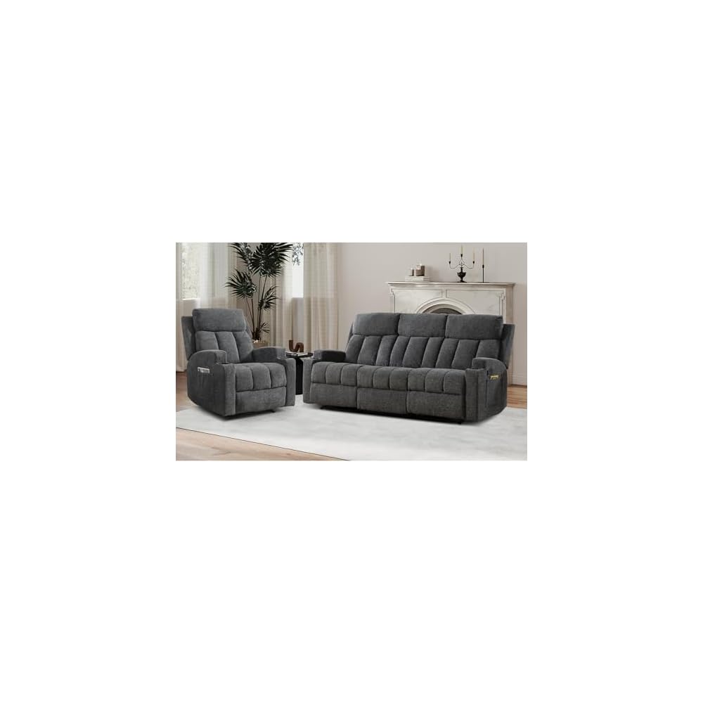 CANMOV Manual Recliner Sofa Set, Fabric Recliner Living Room Furniture Sets, 1 Seat Reclining Chair and a 3 Seat Sofa Furniture Set with Side Pockets and Cup Holders, Dark Grey