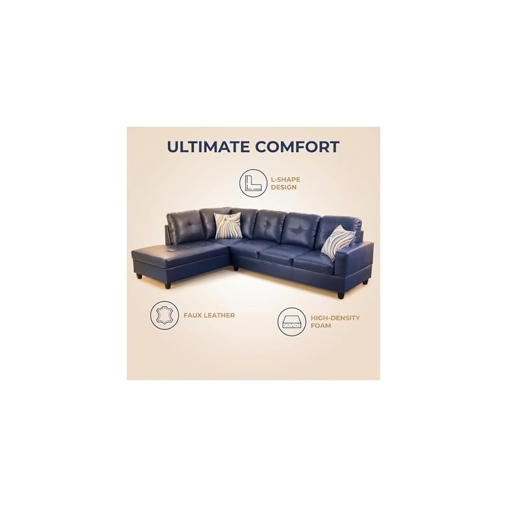 103.5" Sectional Couch, L Shaped 4 Seater PU Faux Leather Sofa w/Chaise Lounge, Comfy Modern Modular Couch for Living Room, Apartment, Blue, Left, 2PCS