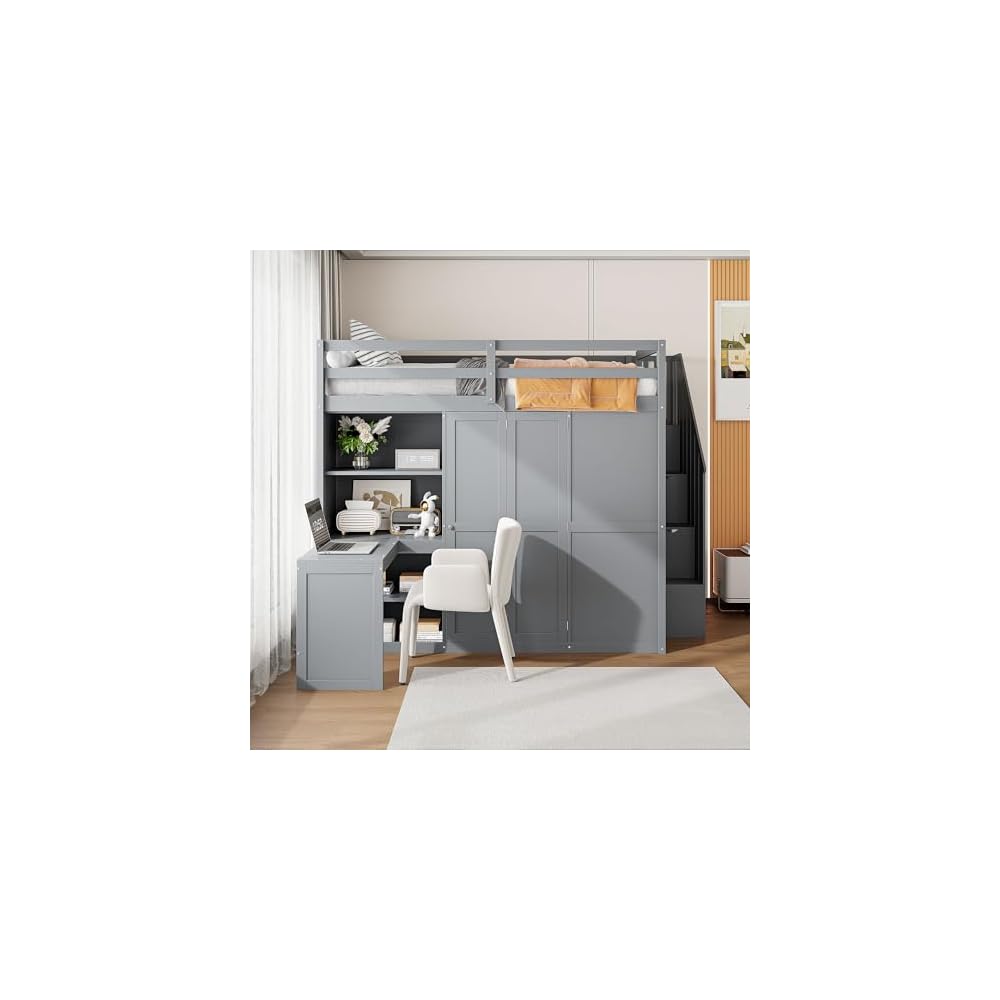 Full Size Loft Bed with Storage Stairs, Desk and Wardrobe, Gray