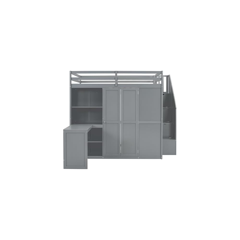 Full Size Loft Bed with Storage Stairs, Desk and Wardrobe, Gray