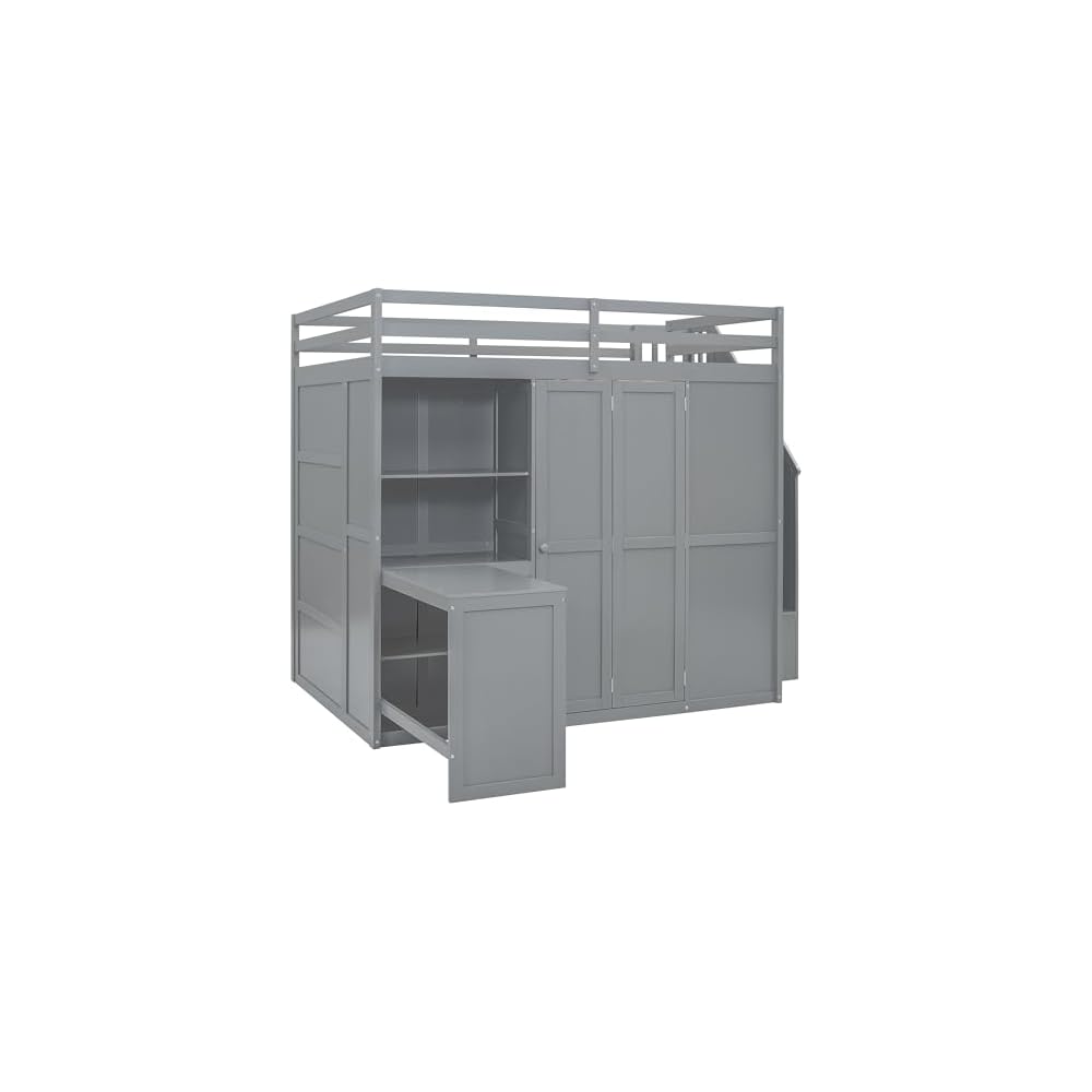Full Size Loft Bed with Storage Stairs, Desk and Wardrobe, Gray