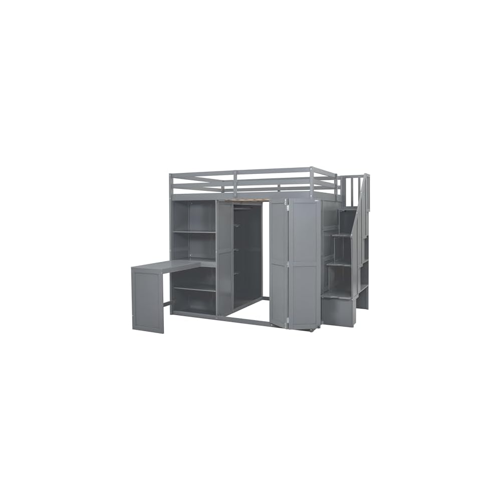 Full Size Loft Bed with Storage Stairs, Desk and Wardrobe, Gray