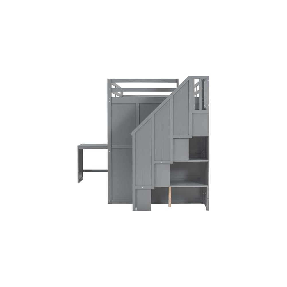 Full Size Loft Bed with Storage Stairs, Desk and Wardrobe, Gray