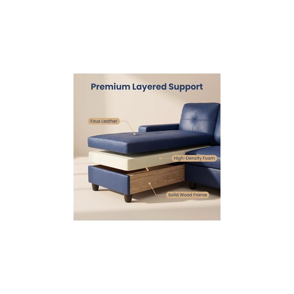 103.5" Sectional Couch, L Shaped 4 Seater PU Faux Leather Sofa w/Chaise Lounge, Comfy Modern Modular Couch for Living Room, Apartment, Blue, Left, 2PCS