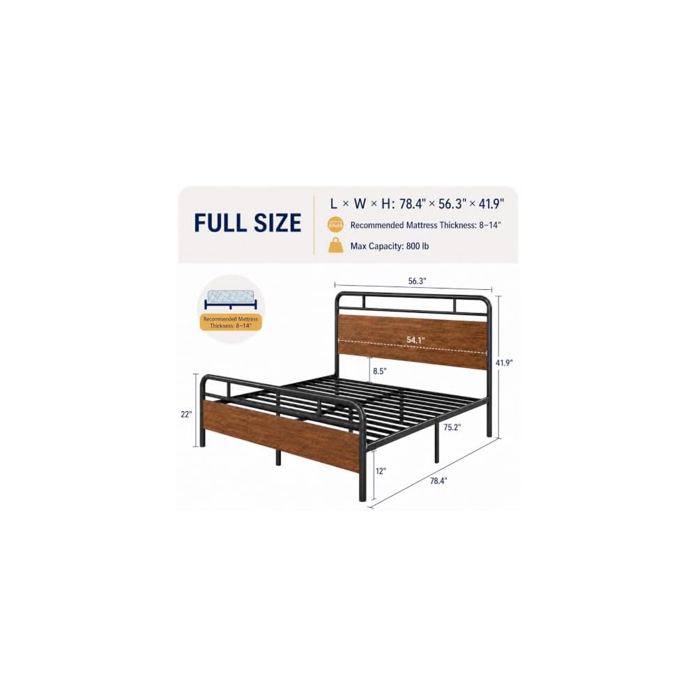 Allewie Full Size Industrial Bed Frame with Wood Panels, Walnut