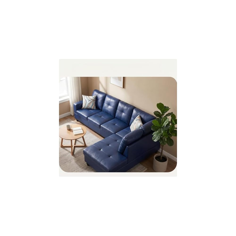 103.5" Sectional Couch, L Shaped 4 Seater PU Faux Leather Sofa w/Chaise Lounge, Comfy Modern Modular Couch for Living Room, Apartment, Blue, Left, 2PCS