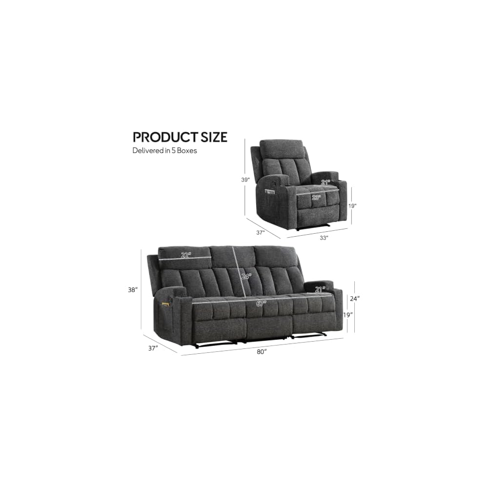 CANMOV Manual Recliner Sofa Set, Fabric Recliner Living Room Furniture Sets, 1 Seat Reclining Chair and a 3 Seat Sofa Furniture Set with Side Pockets and Cup Holders, Dark Grey