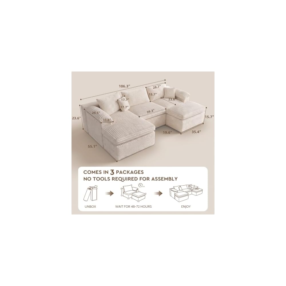 Boneless Cloud Couch 106.2 Inch U Shape Fluffy Modular Sectional Sofa