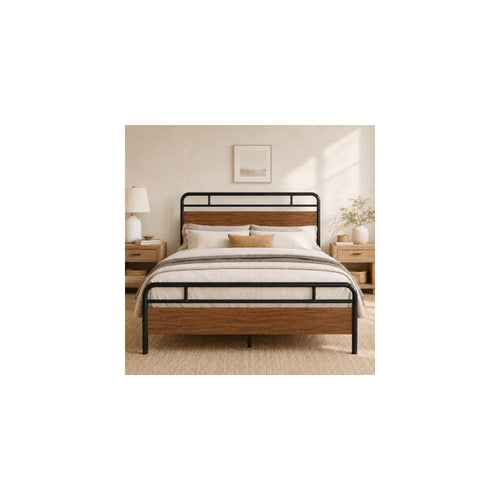 Allewie Full Size Industrial Bed Frame with Wood Panels, Walnut