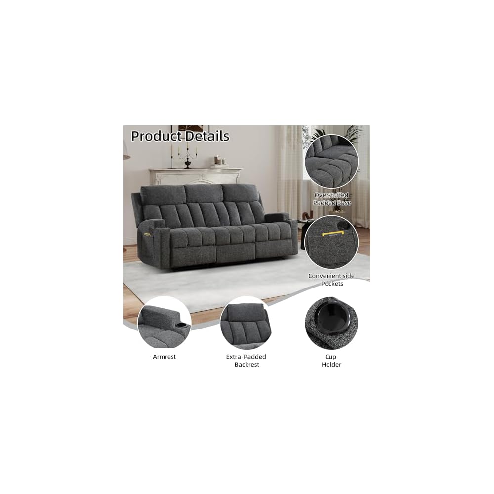 CANMOV Manual Recliner Sofa Set, Fabric Recliner Living Room Furniture Sets, 1 Seat Reclining Chair and a 3 Seat Sofa Furniture Set with Side Pockets and Cup Holders, Dark Grey