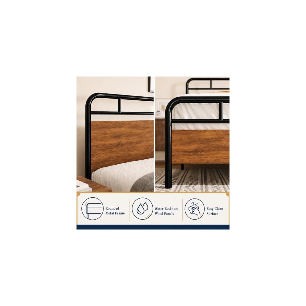 Allewie Full Size Industrial Bed Frame with Wood Panels, Walnut
