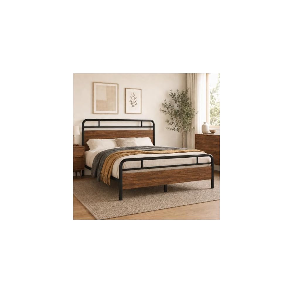 Allewie Full Size Industrial Bed Frame with Wood Panels, Walnut