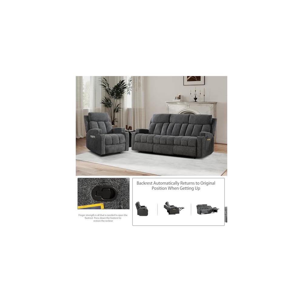 CANMOV Manual Recliner Sofa Set, Fabric Recliner Living Room Furniture Sets, 1 Seat Reclining Chair and a 3 Seat Sofa Furniture Set with Side Pockets and Cup Holders, Dark Grey