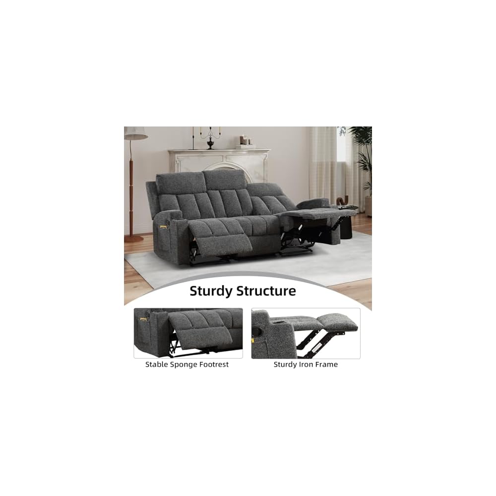CANMOV Manual Recliner Sofa Set, Fabric Recliner Living Room Furniture Sets, 1 Seat Reclining Chair and a 3 Seat Sofa Furniture Set with Side Pockets and Cup Holders, Dark Grey