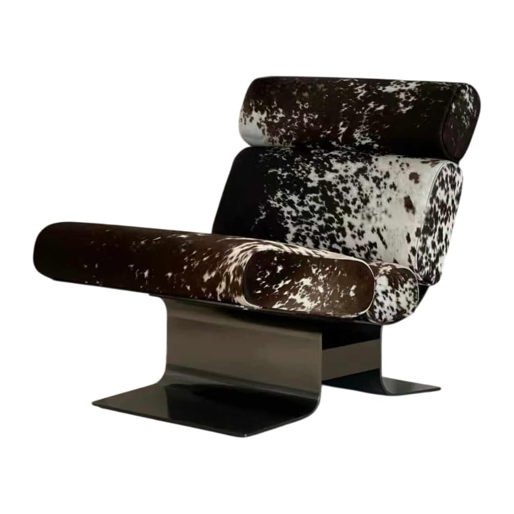 Modern Lounge Chair with Genuine Hair-On Leather Upholstery, Designer Accent Chair with Stainless Steel Base, Luxury Recliner Chair for Living Room, Bedroom, or Balcony