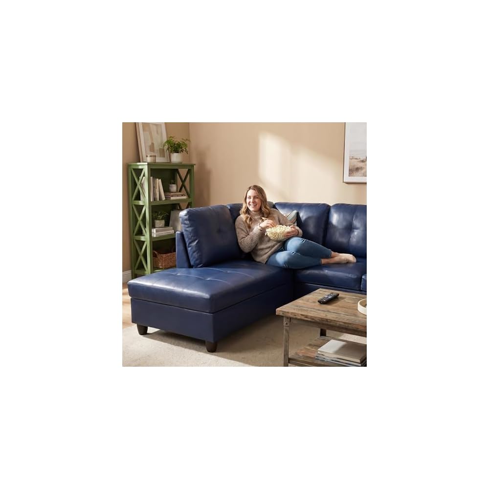 103.5" Sectional Couch, L Shaped 4 Seater PU Faux Leather Sofa w/Chaise Lounge, Comfy Modern Modular Couch for Living Room, Apartment, Blue, Left, 2PCS
