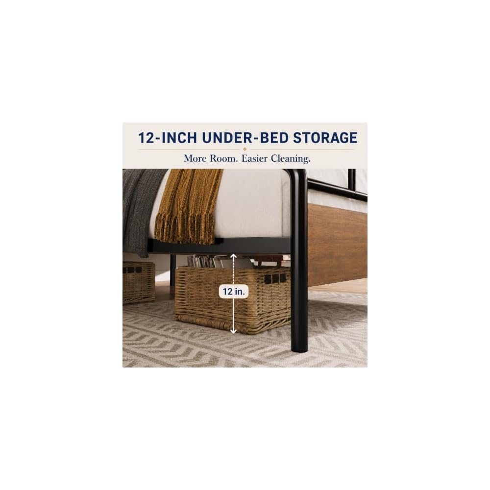 Allewie Full Size Industrial Bed Frame with Wood Panels, Walnut