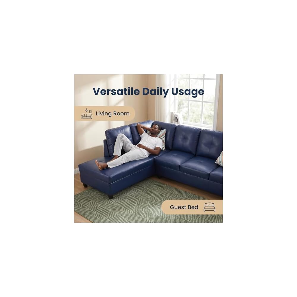 103.5" Sectional Couch, L Shaped 4 Seater PU Faux Leather Sofa w/Chaise Lounge, Comfy Modern Modular Couch for Living Room, Apartment, Blue, Left, 2PCS