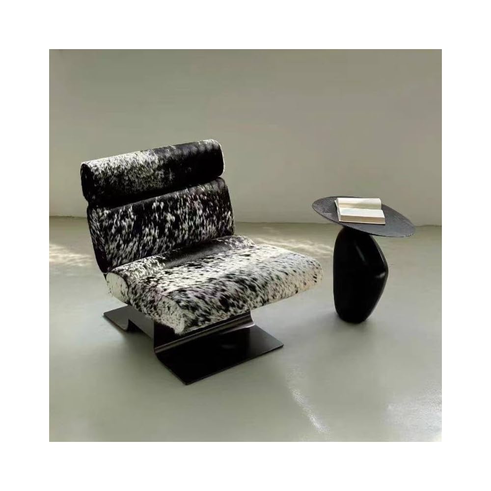 Modern Lounge Chair with Genuine Hair-On Leather Upholstery, Designer Accent Chair with Stainless Steel Base, Luxury Recliner Chair for Living Room, Bedroom, or Balcony