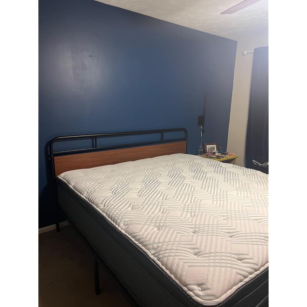 Allewie Full Size Industrial Bed Frame with Wood Panels, Walnut