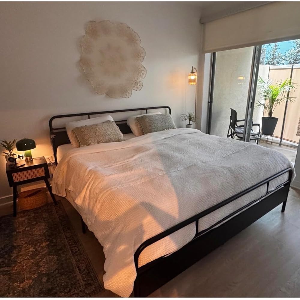 Allewie Full Size Industrial Bed Frame with Wood Panels, Walnut