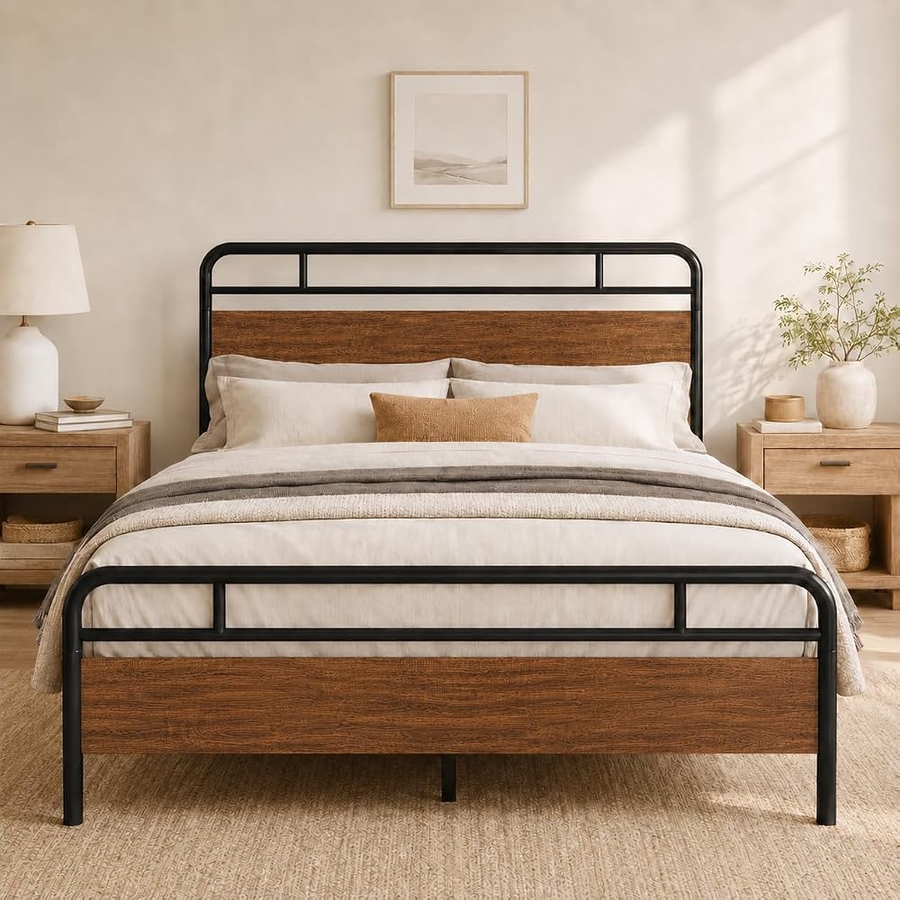 Allewie Full Size Industrial Bed Frame with Wood Panels, Walnut