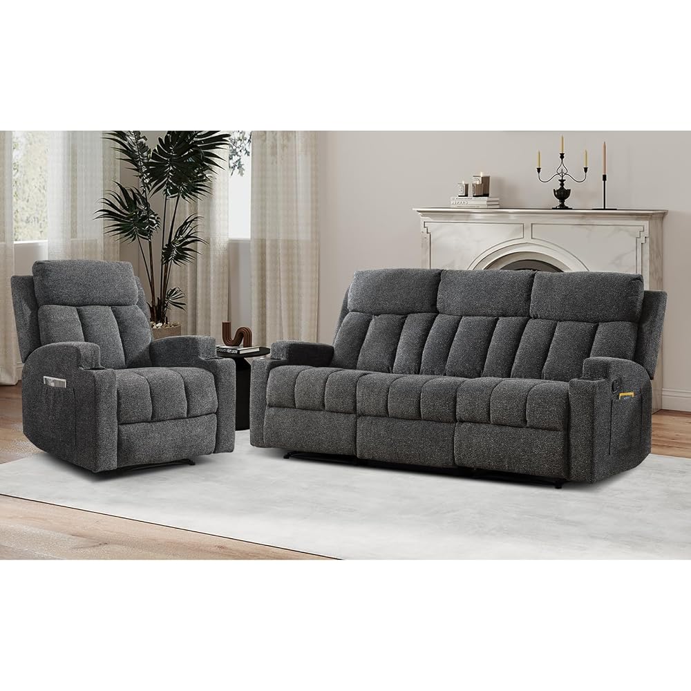 CANMOV Manual Recliner Sofa Set, Fabric Recliner Living Room Furniture Sets, 1 Seat Reclining Chair and a 3 Seat Sofa Furniture Set with Side Pockets and Cup Holders, Dark Grey