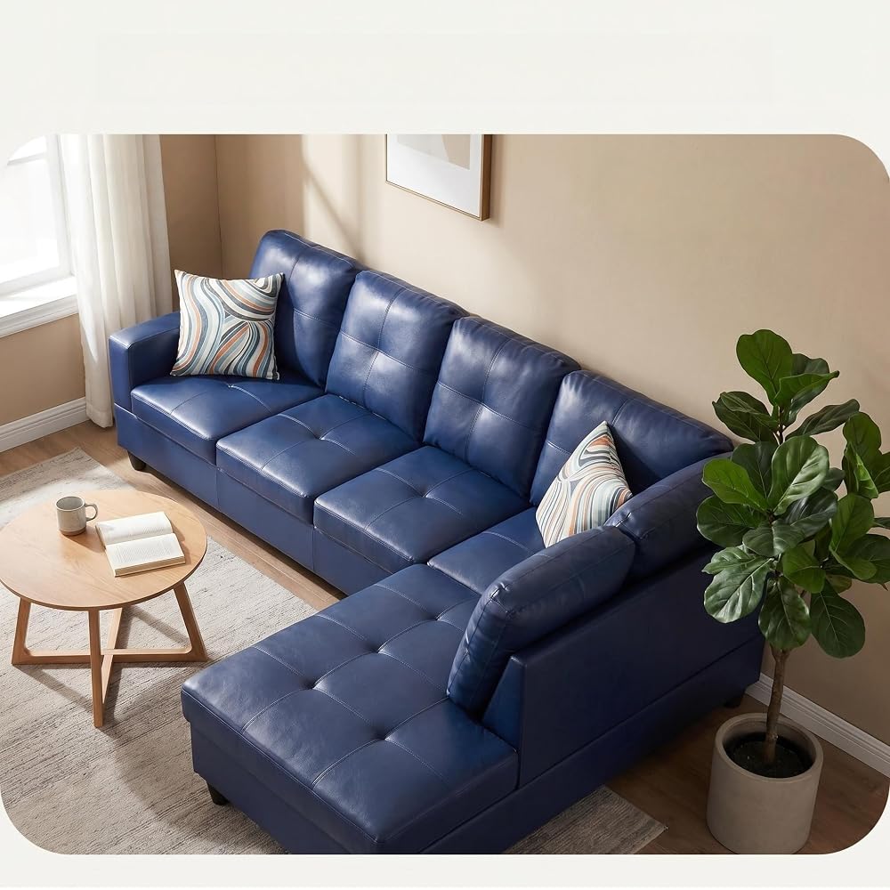 103.5" Sectional Couch, L Shaped 4 Seater PU Faux Leather Sofa w/Chaise Lounge, Comfy Modern Modular Couch for Living Room, Apartment, Blue, Left, 2PCS