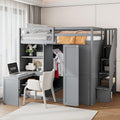 Full Size Loft Bed with Storage Stairs, Desk and Wardrobe, Gray